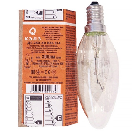 Лампа накаливания свеча КЭЛЗ ДС 230-40 В36 Е14 Лампа накаливания свеча КЭЛЗ ДС 230-40 В36 Е14