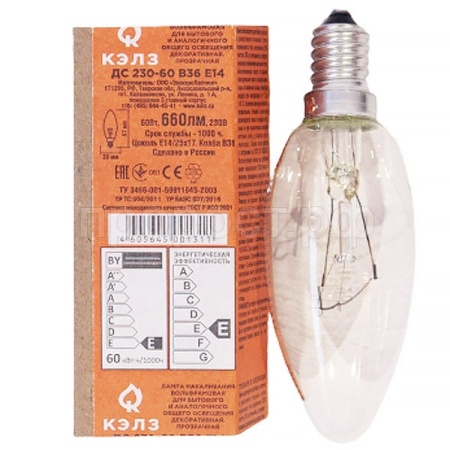 Лампа накаливания свеча КЭЛЗ ДС 230-60 В36 Е14 Лампа накаливания свеча КЭЛЗ ДС 230-60 В36 Е14